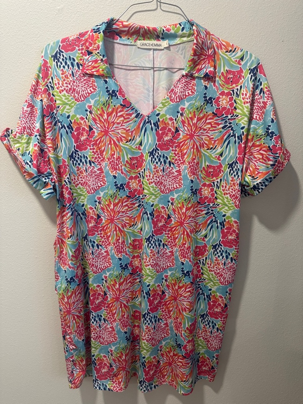 Pink Floral V-Neck Tunic Dress